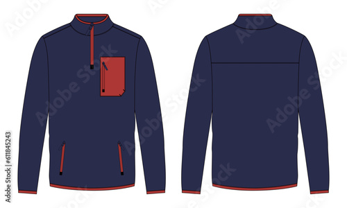 Long sleeve jacket with pocket and zipper technical fashion flat sketch vector illustration navy color template front and back views. Fleece jersey sweatshirt jacket for men's and boys.
