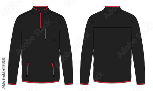 Long sleeve jacket with pocket and zipper technical fashion flat sketch vector illustration black color template front and back views. Fleece jersey sweatshirt jacket for men's and boys.