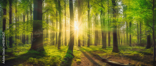 A green forest with the sun shining through the trees. Created with Generative AI technology