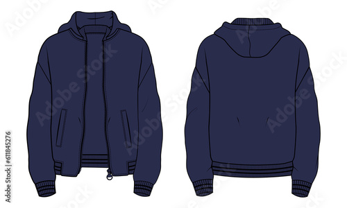 Navy color Hoodie. Technical fashion flat sketch Vector template. Cotton fleece fabric Apparel hooded with zipper sweatshirt illustration black color mock up Front, back views. 