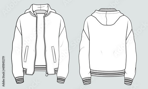 Hoodie Technical fashion flat sketch Vector template. Cotton fleece fabric Apparel hooded sweatshirt illustration mock up Front, back views. Clothing outwear Jumper Men, unisex top CAD. 