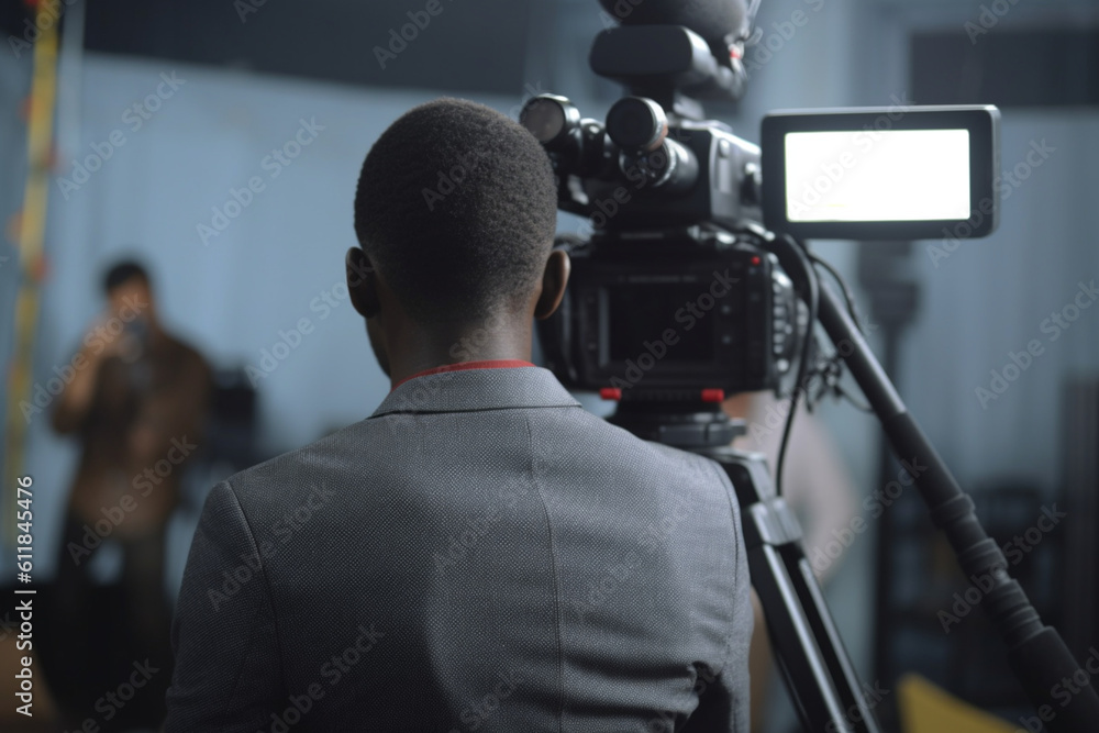 rear view of African Male Journalist Preparing Questions For Press Conference