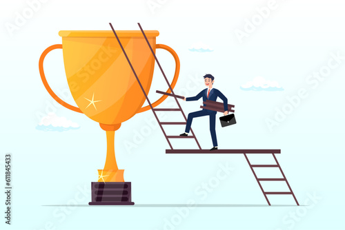 Businessman building ladder of success climbing to top of champion trophy cup, building ladder to success, strategy and plan to achieve target or goal, ambition and aspiration concept (Vector)