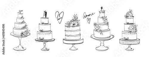 Set of beautiful tiered wedding cakes, trendy sketch, freehand drawing, line icon. Vector collection of cakes for a pastry shop, isolated logo on a white background.