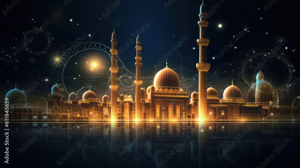 Illustration of mosque with glowing lights on a twilight background. 3d AI generated image