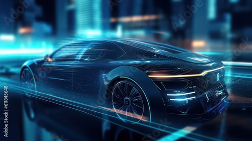 AI Generating picture of a futuristic electric black car with a holographic wireframe digital technology background. 