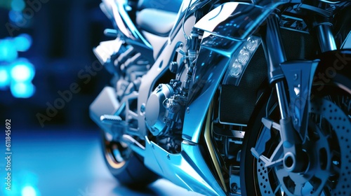 AI Generating picture of a futuristic electric black motorbike with the holographic digital technology background.