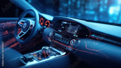 AI Generating picture of a futuristic modern electric car speedometer dashboard interior view with a holographic wireframe digital technology background. photo