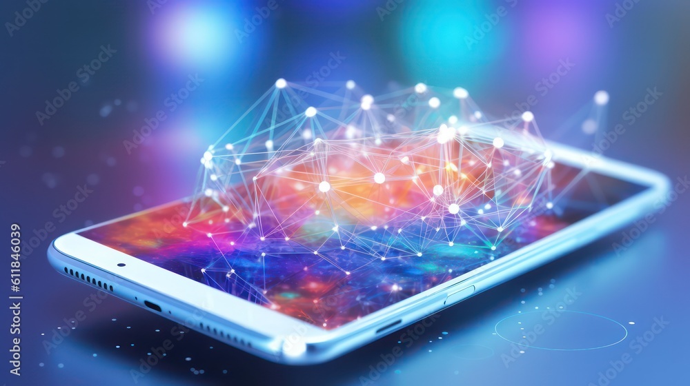 Smartphone with a global hologram network connection with light bokeh blurred background. AI generated 3d image Smartphone with a global hologram network connection with light bokeh blurred background. AI generated 3d image