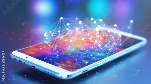 Smartphone with a global hologram network connection with light bokeh blurred background. AI generated 3d image