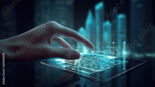 Fototapeta Naklejka Na Ścianę i Meble -  Hand pointing at digital virtual reality modern commercial building hologram on a futuristic HUD background. AI generated 3D image