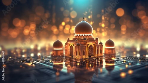 A beautiful mosque with glowing lights on a twilight background. 3d AI generated image