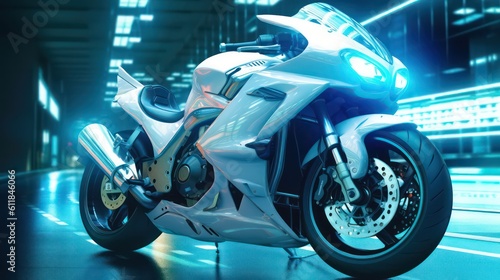 Generating AI illustration of a futuristic motorbike with the abstract digital technology background. © Aris Suwanmalee