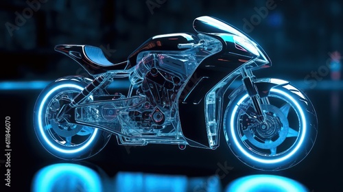 Generating AI illustration of a futuristic motorbike with the abstract digital technology background.