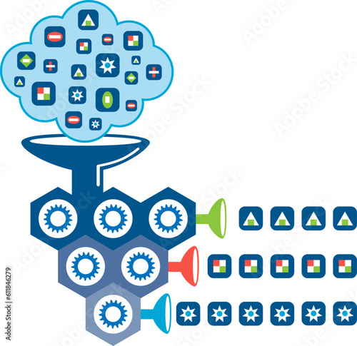 Data sorting and filtering concept. Raw data are ingested into the intelligence sorting system. Irreverent data are discarded while relevant data are sorted as output.