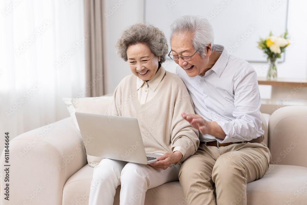 Cheerful senior couple using laptop at home Cheerful senior couple using laptop at home