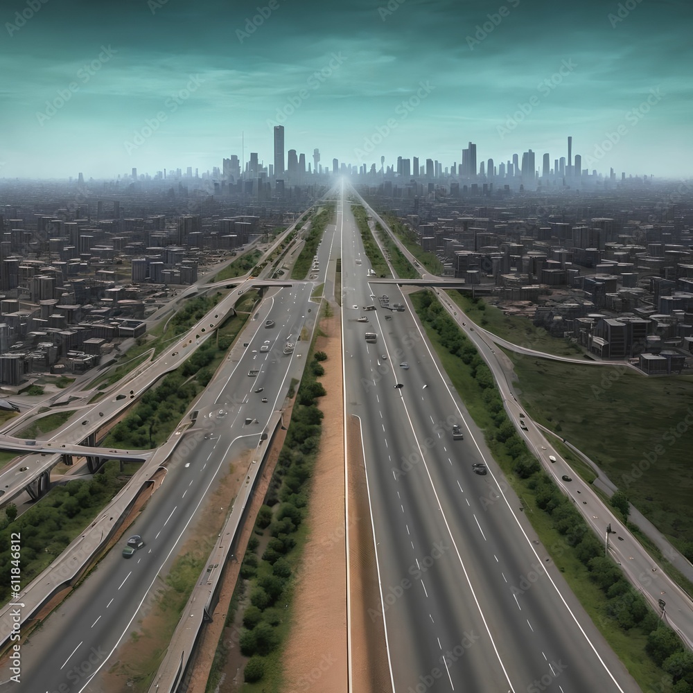 Fototapeta premium post apocalyptic city with highway, generative art by A.I.