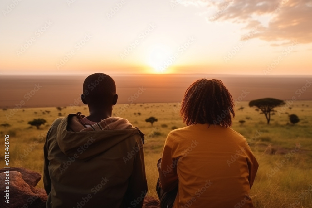 rear view of Female and male travelers contemplating the scenic sunset above African savannah from above