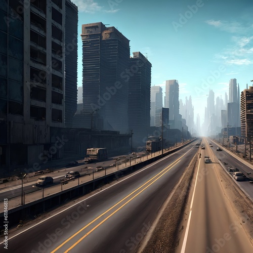 post apocalyptic city with highway, generative art by A.I.