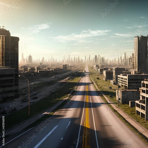 post apocalyptic city with highway, generative art by A.I. photo