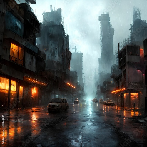 post apocalyptic city at raining night, generative art by A.I.