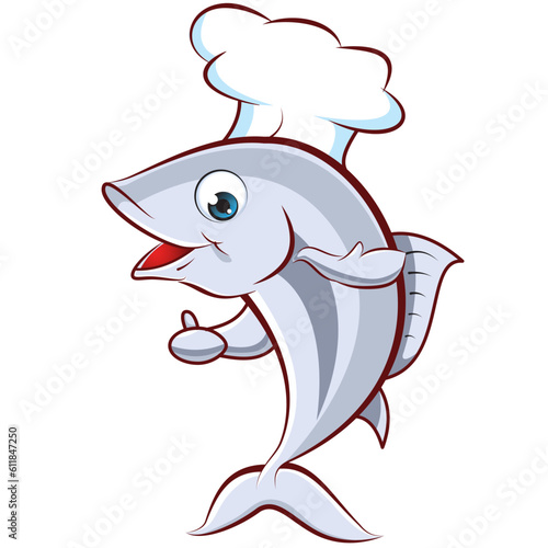 Tuna cartoon character wearing a chef's hat. Can be used as a mascot or part of a logo. seafood restaurant elements
