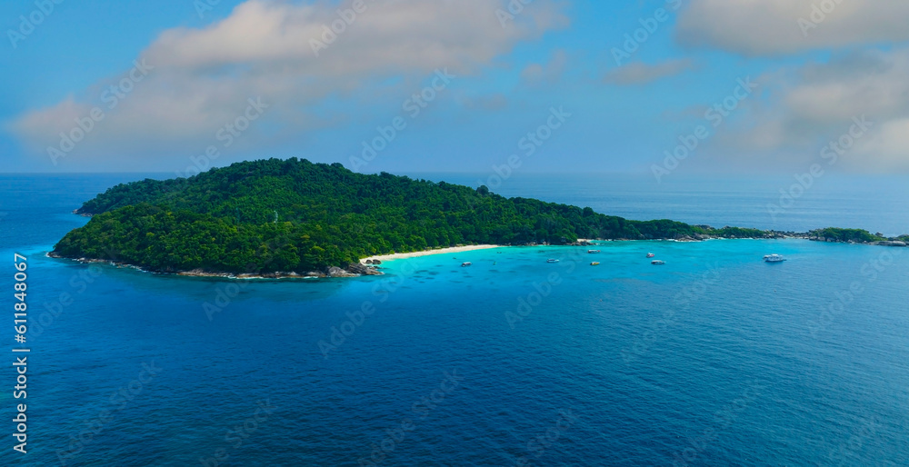 Aerial view with seashore Indian Ocean at  green local island in Maldives