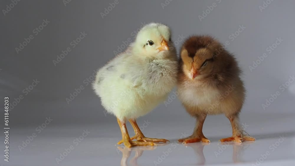 Two small sleepy brown and yellow chickens are warming each other on white. Adorable little chicks. Newborn poultry brown chickens beak on light background. Easter, farm concept. Selective focus. Two small sleepy brown and yellow chickens are warming each other on white. Adorable little chicks. Newborn poultry brown chickens beak on light background. Easter, farm concept. Selective focus.