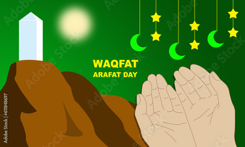 a pair of hands praying against the background of the desert of Arafah and the decoration of the stars and moon commemorating Waqfat Arafat Day
