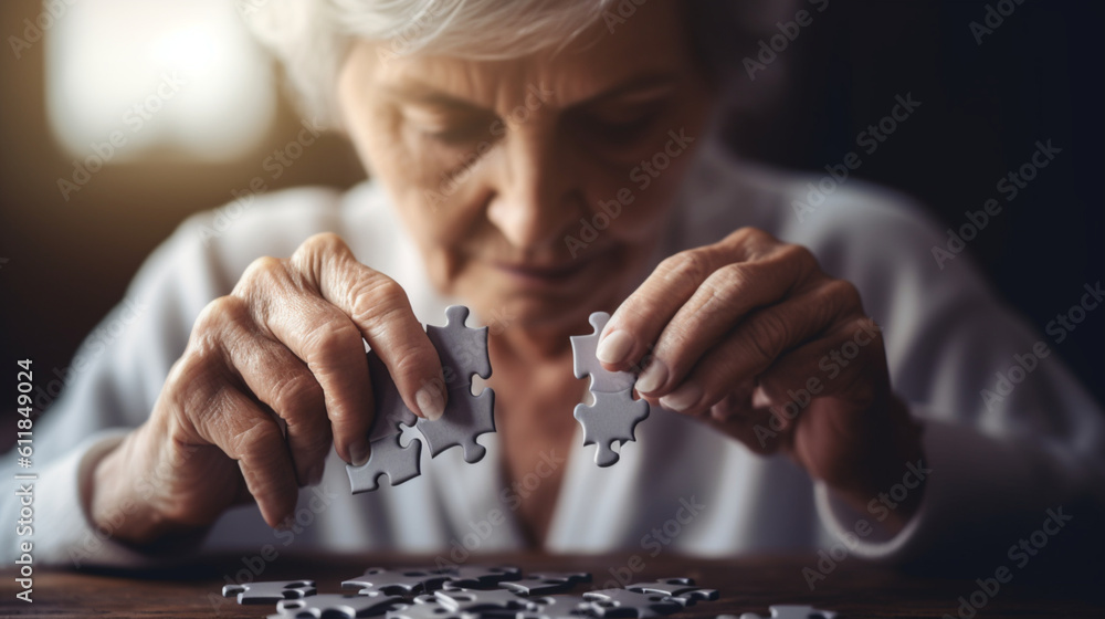 アルツハイマー病の概念、ジグソーパズルがなくなった脳のシンボルを持つ高齢女性、世界のアルツハイマー病、世界のメンタルヘルスGenerativeAI - obrazy, fototapety, plakaty 