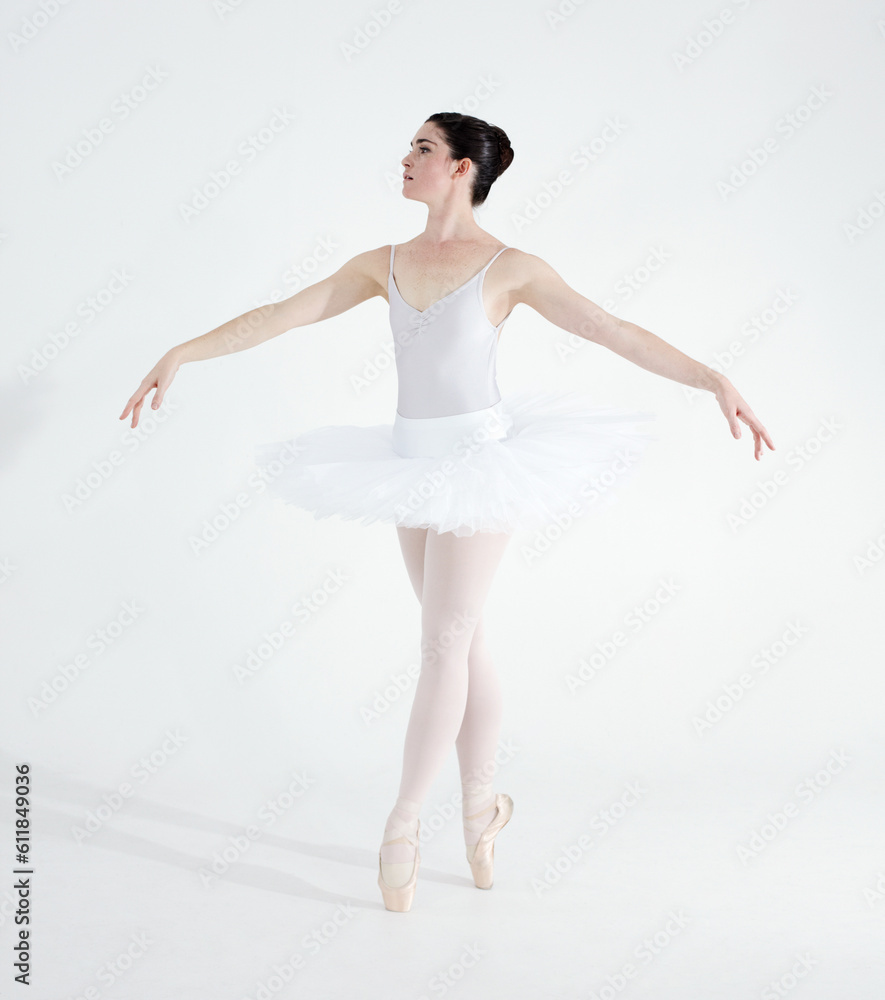 Dance, ballet and performance with woman in studio for balance, elegant and creative. Artist, theatre and training with ballerina dancing ion white background for competition, freedom and commitment Dance, ballet and performance with woman in studio for balance, elegant and creative. Artist, theatre and training with ballerina dancing ion white background for competition, freedom and commitment
