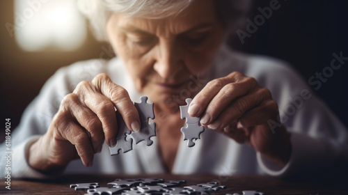 Fotografiet アルツハイマー病の概念、ジグソーパズルがなくなった脳のシンボルを持つ高齢女性、世界のアルツハイマー病、世界のメンタルヘルスGenerativeAI