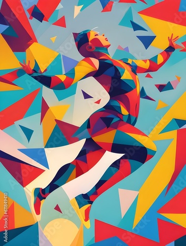 Abstract geometric illustration of a gymnast jumping, figures, coloring, AI generative 
