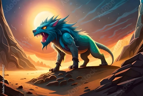 A monsterous wolf like creature standing in a rocky terrain. 