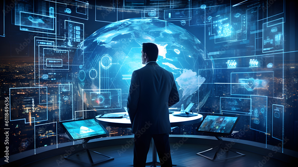 Businessman Digital Entrepreneur with Screen Shows Strategy Analysis. Generative AI Businessman Digital Entrepreneur with Screen Shows Strategy Analysis. Generative AI