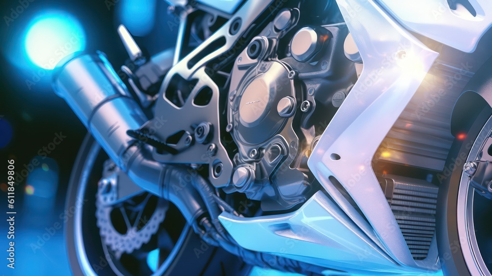 Obraz premium AI Generating picture of a futuristic electric black motorbike with the holographic digital technology background.