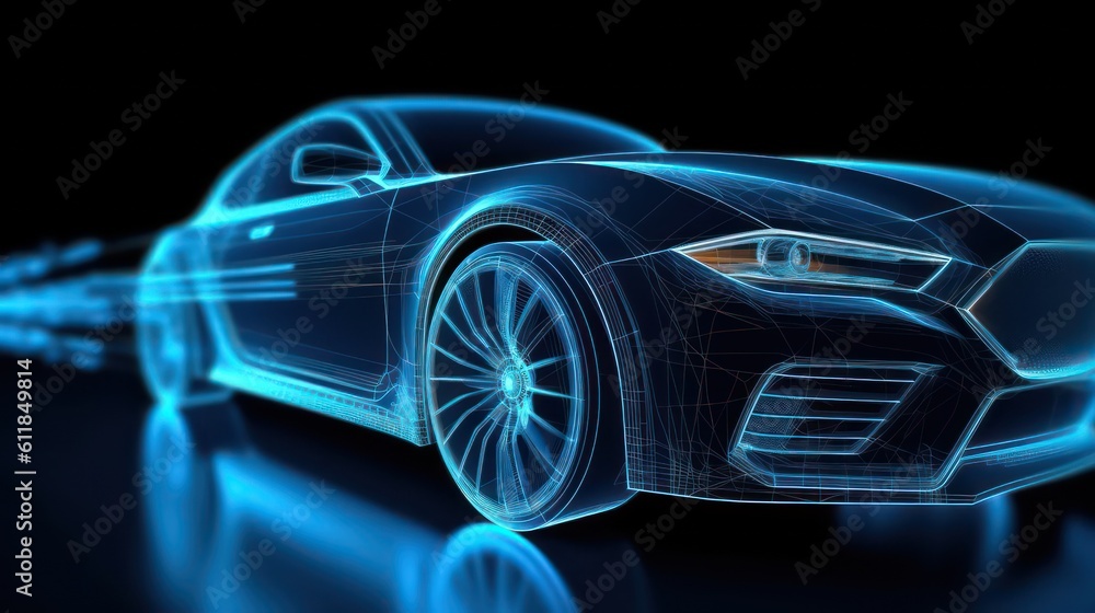AI generated 3d image of a futuristic holographic wireframe car model with a digital color background. AI generated 3d image of a futuristic holographic wireframe car model with a digital color background.