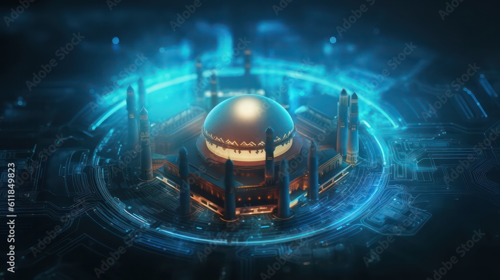 Illustration of mosque cityscape at night with glowing lights on a twilight background. 3d AI generated image. Illustration of mosque cityscape at night with glowing lights on a twilight background. 3d AI generated image.