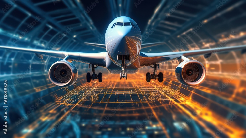 Fototapeta premium 3d AI generated image of the airplane in abstract digital technology background.