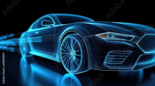 AI generated 3d image of a futuristic holographic wireframe car model with a digital color background.