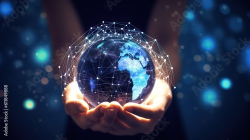 AI generated 3D image of the businessman's hand holding a digital globe hologram on a world network connection blurred background. 
