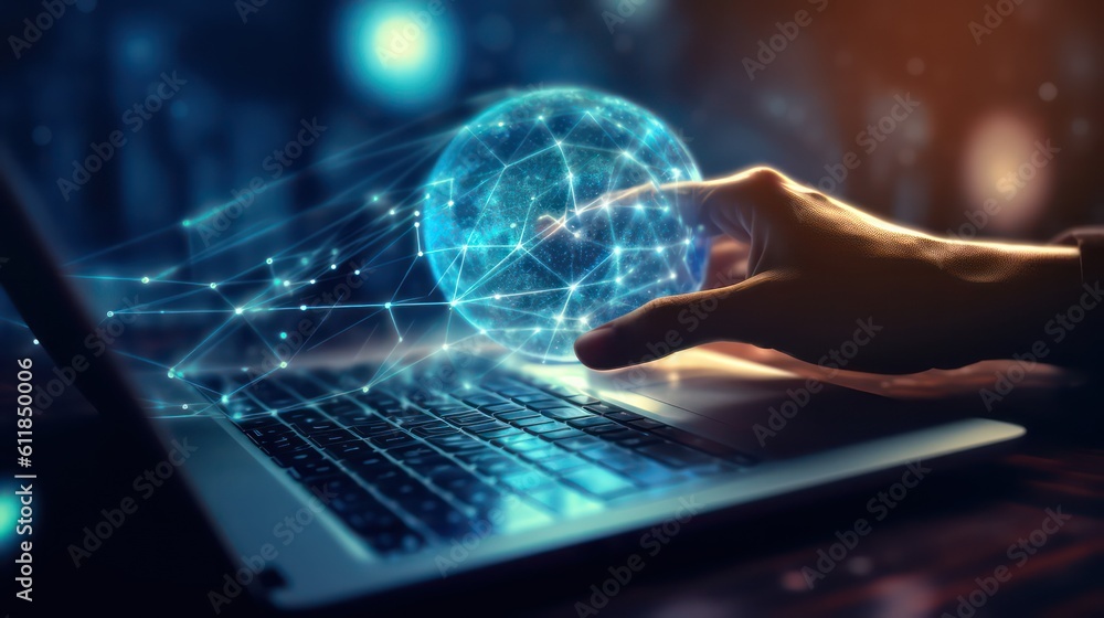 AI generated 3D image of the businessman's hand holding a digital globe hologram on a world network connection blurred background. AI generated 3D image of the businessman's hand holding a digital globe hologram on a world network connection blurred background.
