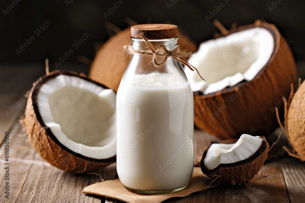 Coconut milk on a wooden background. Coconut milk in a glass bottle , Healthy food. Generative AI Coconut milk on a wooden background. Coconut milk in a glass bottle , Healthy food. Generative AI