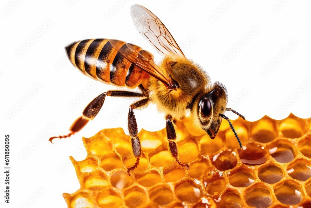 Close-up bee on honey comb with honey, isolated on transparent background cutout. Generative AI Close-up bee on honey comb with honey, isolated on transparent background cutout. Generative AI