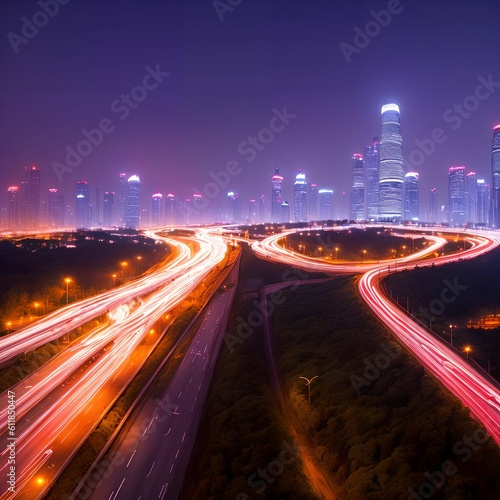 future highway road with modern city at night time, generative art by A.I.
