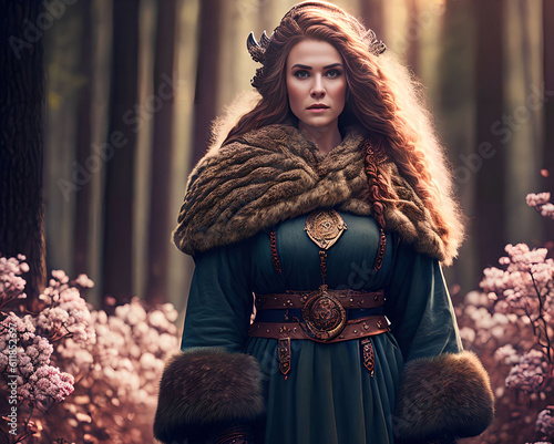 beautiful warrior viking woman at the forest, generative art by A.I.