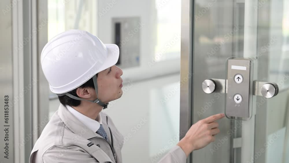 Workers in work clothes inspecting equipment Video of elevators, etc. close-up Workers in work clothes inspecting equipment Video of elevators, etc. close-up