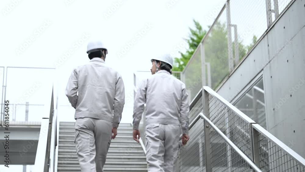 作業着の男性作業員の後ろ姿 階段を上るところ動画 作業着の男性作業員の後ろ姿 階段を上るところ動画