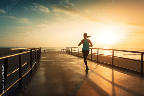 rearview Woman runner running at sunrise seaside