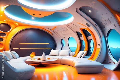 futuristic hard surface interior design of spaceship living room, generative art by A.I.